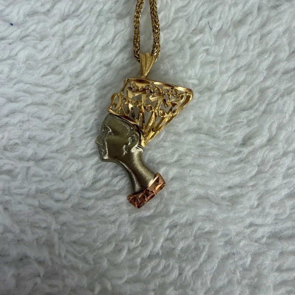 14K Tri Color Queen Nefertiti Pendant Necklace 18 Inch Italian Wheat Chain - Picture 10 of 10